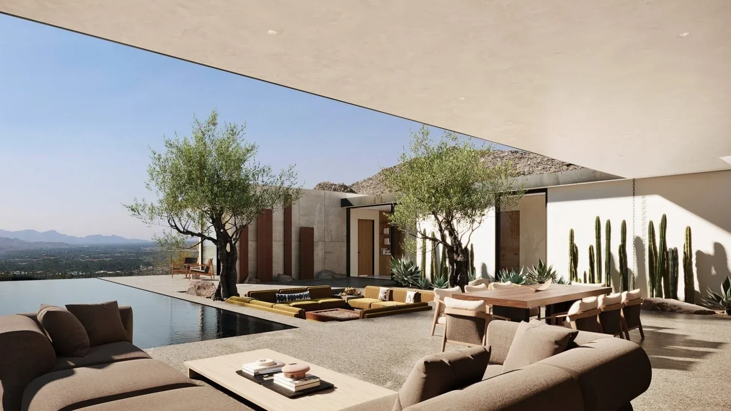 An entry courtyard with olive trees, a reflecting channel and low seating against board-formed concrete.